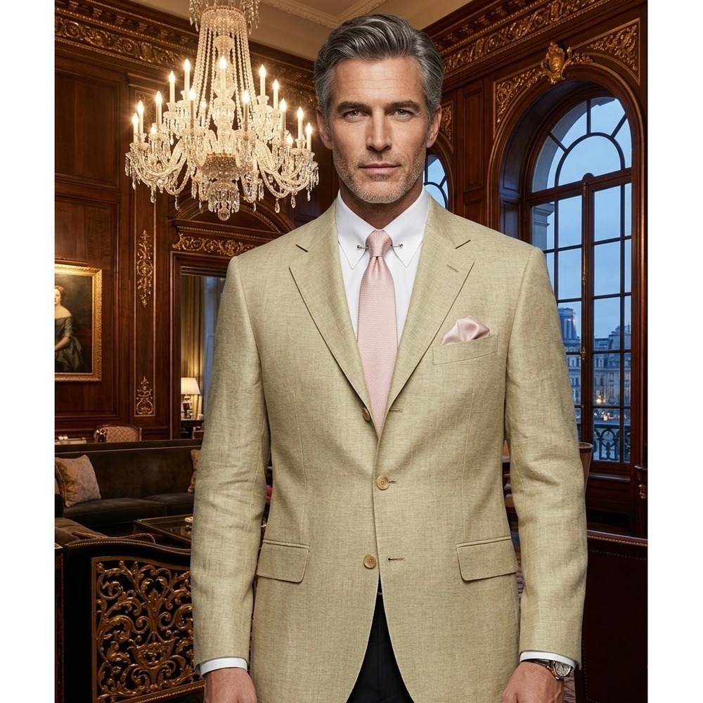 Hugo Boss limeMars Beige 100% Solbiati Linen Blazer Jacket Mens 44L Three Button